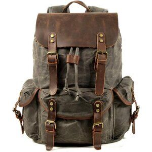 ✨ Men Brown Leather Backpack Waxed Canvas Shoulder Rucksack Travel Backpack